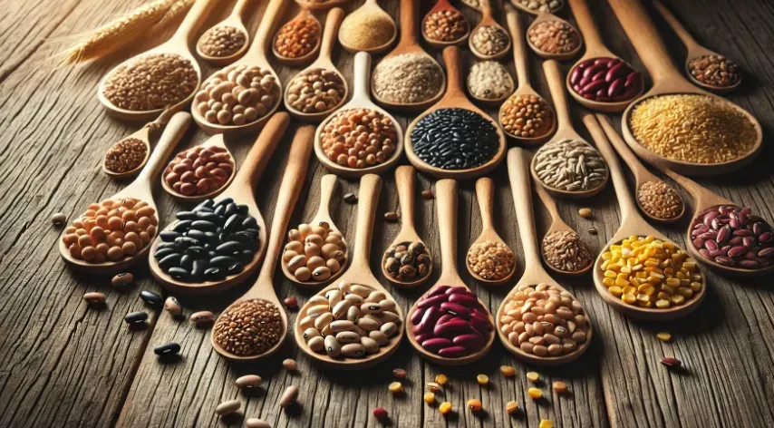 An image featuring a beautifully arranged collection of wooden spoons filled with different types of beans, grains, and seeds on a rustic wooden surface.