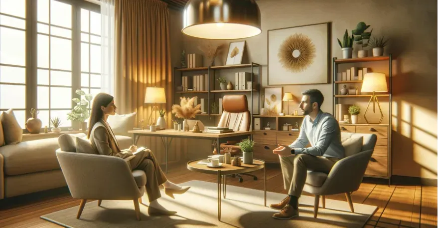 A professional setting with a therapist and a client discussing in a cozy, welcoming office space.