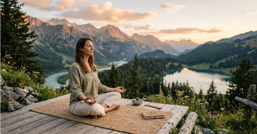 A peaceful scene of someone meditating in a quiet natural setting.