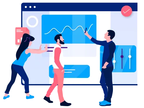 Three people working on illustrated graphs