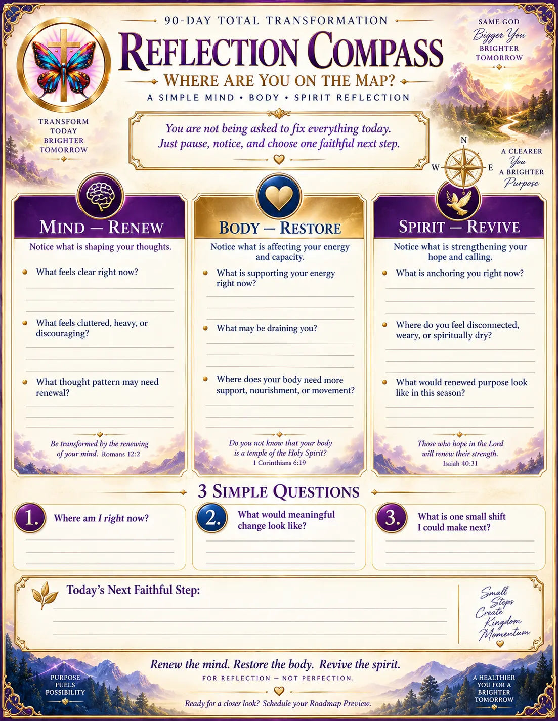 Faith-centered “90-Day Total Transformation Reflection Compass” worksheet titled “Where Are You on the Map?” designed as a simple mind, body, and spirit reflection. The page has an elegant cream, purple, navy, and gold design framed by mountain landscapes, sunrise imagery, and a butterfly-and-cross transformation emblem. Near the top, an encouraging message reads: “You are not being asked to fix everything today. Just pause, notice, and choose one faithful next step.”  The worksheet is organized into three large reflection columns. Mind — Renew, marked with a brain symbol, asks the reader to notice what is shaping their thoughts and reflect on what feels clear, what feels cluttered, heavy, or discouraging, and what thought pattern may need renewal. It closes with Romans 12:2: “Be transformed by the renewing of your mind.”  Body — Restore, marked with a heart symbol, focuses on energy and capacity. Questions ask what is currently supporting energy, what may be draining it, and where the body needs more support, nourishment, or movement. The section includes 1 Corinthians 6:19: “Do you not know that your body is a temple of the Holy Spirit?”  Spirit — Revive, marked with a dove symbol, invites reflection on hope and calling. It asks what is providing an anchor right now, where the reader feels disconnected, weary, or spiritually dry, and what renewed purpose could look like in the present season. It closes with Isaiah 40:31: “Those who hope in the Lord will renew their strength.” A compass and a winding road toward a sunrise reinforce the theme of finding direction and moving toward “a clearer you, a brighter purpose.”  Below the three sections are “3 Simple Questions” with writing space: “Where am I right now?” “What would meaningful change look like?” and “What is one small shift I could make next?” A larger area titled “Today’s Next Faithful Step” encourages the reader to identify one practical action, accompanied by the message “Small Steps Create Kingdom Momentum.”  The bottom summarizes the journey with “Renew the mind. Restore the body. Revive the spirit. For reflection—not perfection.” Mountain scenery transitions toward light along the lower border, with messages including “Purpose fuels possibility” and “A healthier you for a brighter tomorrow.” The overall worksheet presents transformation as a thoughtful, faith-guided process of assessing where you are today and choosing one meaningful next step.