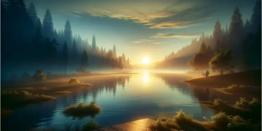 A serene landscape with a sunrise over a calm lake, symbolizing tranquility and new beginnings.