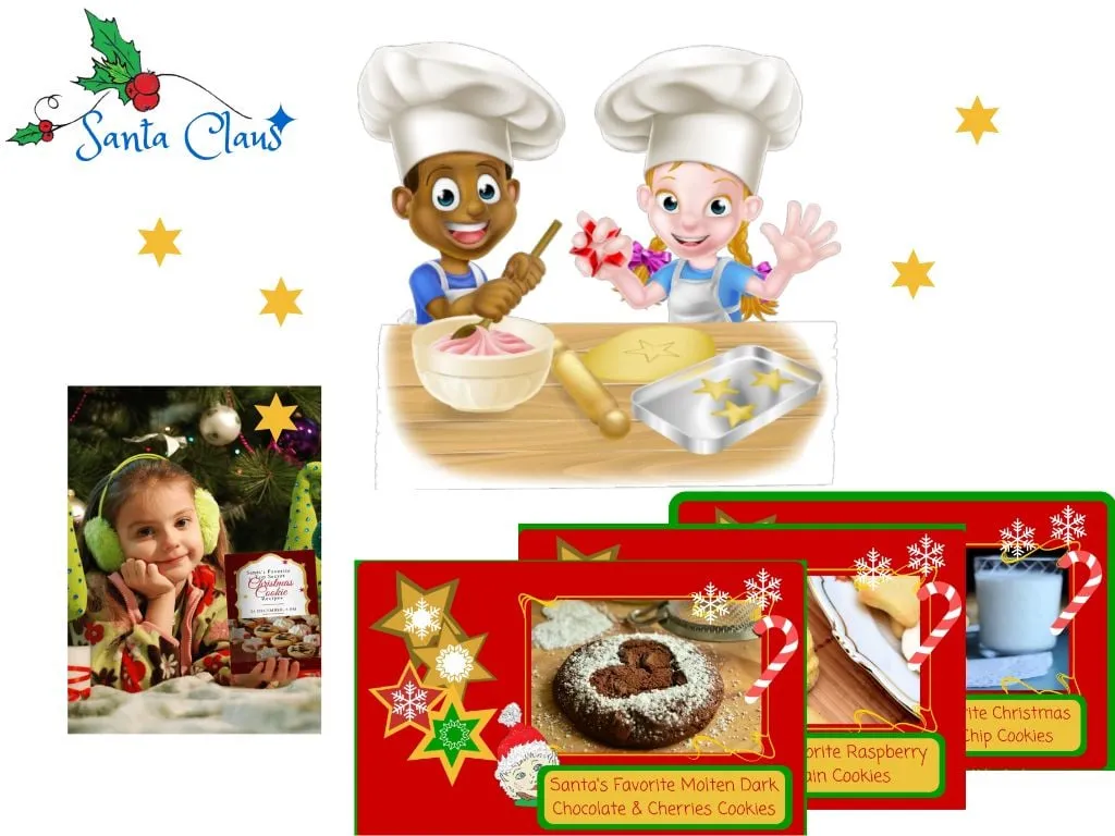 delighted little chefs and a girl holding Santa's 12 Cookies of Christmas Recipe Book and a selection of recipe cards