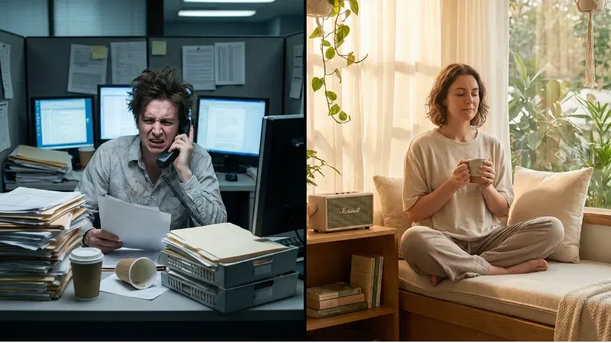 plit image showing a busy, overwhelmed person on one side and the same person relaxing with support techniques on the other.