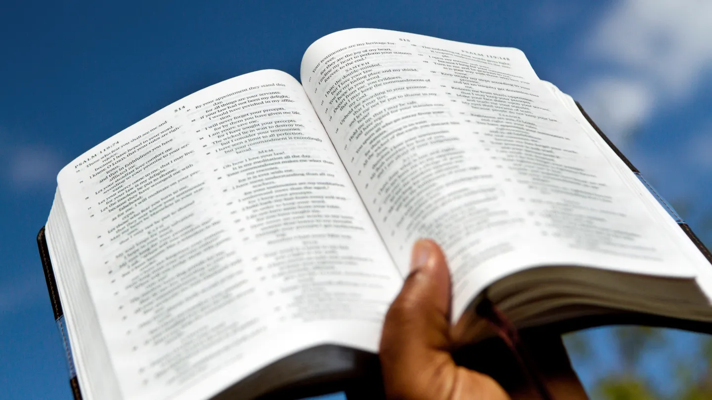 Biblia mirando al cielo sujetad por una mano