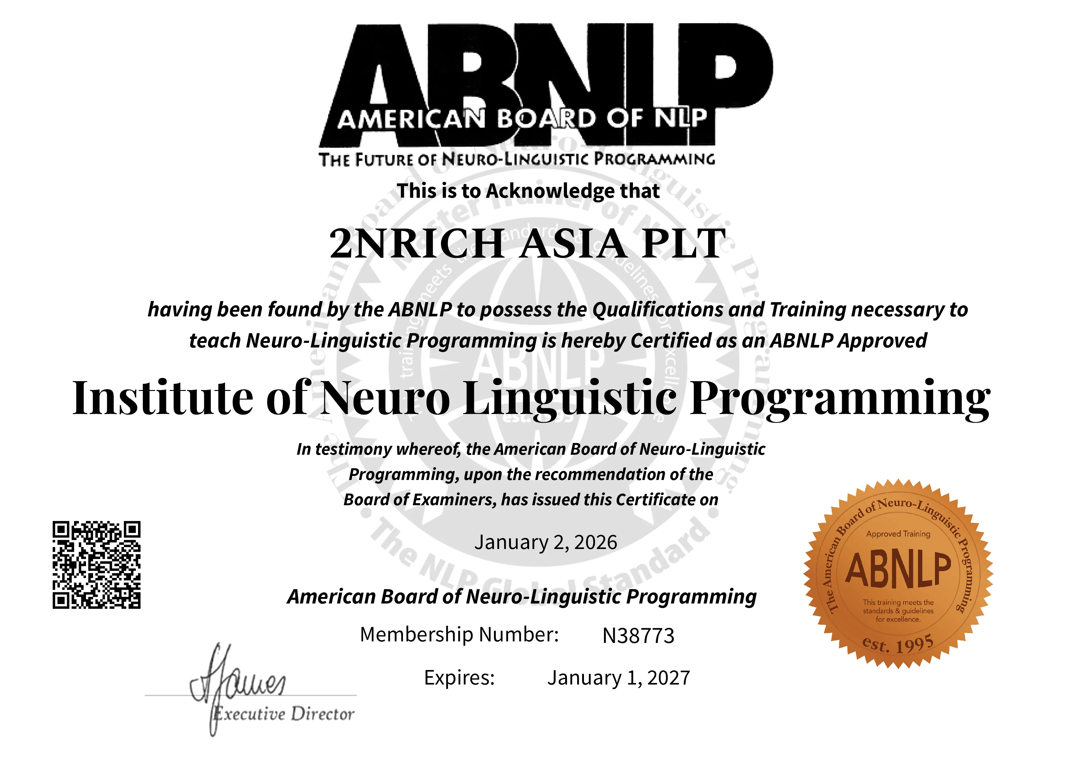 ABNLP approved institute of NLP — 2NRich Asia internationally recognized NLP certification Malaysia