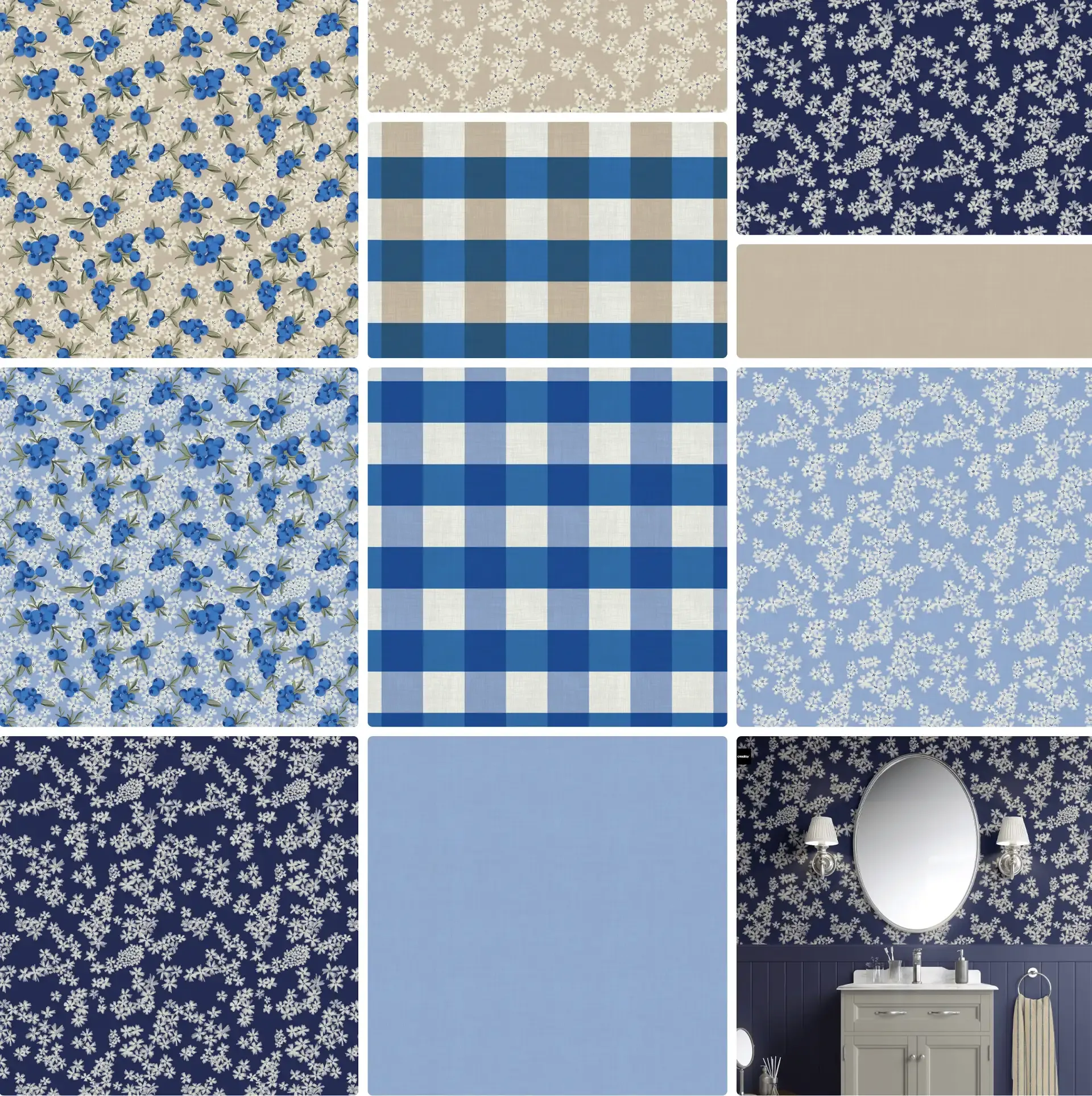 Blueberry Bliss collection board featuring hand-painted blueberry and floral repeat patterns in sky blue, cobalt, sage green, cream, and soft golden tan, with coordinating gingham checks, small floral blenders, solid color matches, a bedroom bedding mockup, and a sweet vintage-inspired watercolor style.