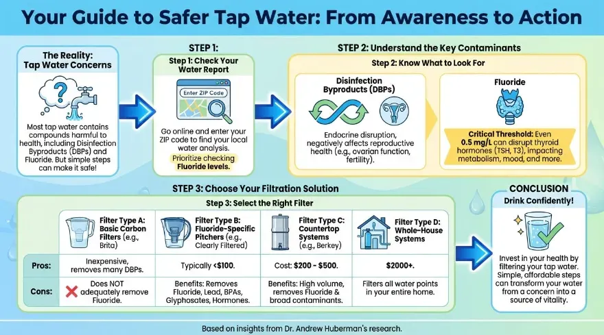 This is an infographic titled “Your Guide to Safer Tap Water: From Awareness to Action,” which visually explains the health concerns with tap water and how to address them. It begins with the reality that most tap water contains harmful compounds like Disinfection Byproducts (DBPs) and Fluoride. Step 1 encourages checking your local water report by entering your ZIP code, with emphasis on prioritizing fluoride levels. Step 2 highlights the key contaminants: DBPs, which disrupt reproductive health, and Fluoride, which can affect thyroid hormones even at levels as low as 0.5 mg/L. Step 3 outlines four filtration options: Type A (basic carbon filters), Type B (fluoride-specific pitchers), Type C (countertop systems), and Type D (whole-house systems), each with pros, cons, and approximate costs. The infographic concludes by encouraging individuals to invest in their health by filtering tap water, noting that simple, affordable steps can make drinking water safer and more beneficial.