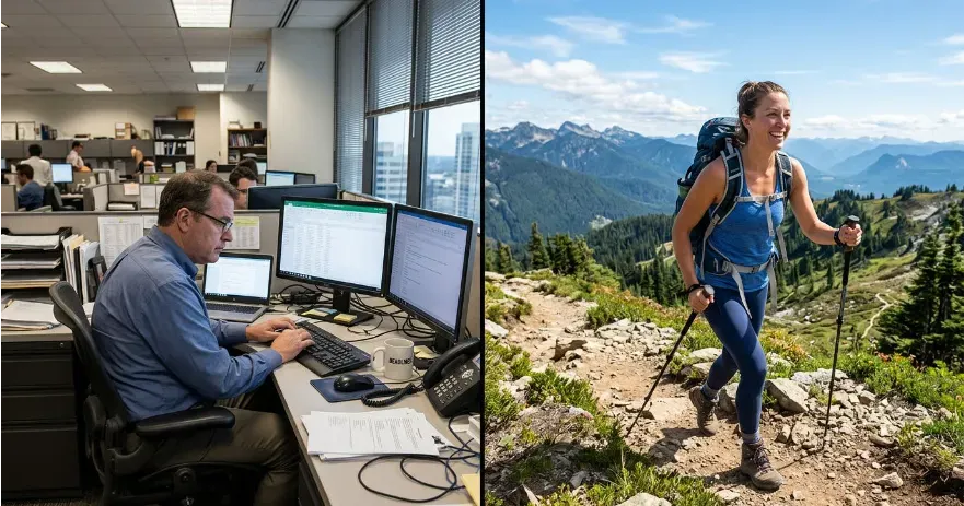 Split scene comparing sedentary indoor work and outdoor active lifestyle