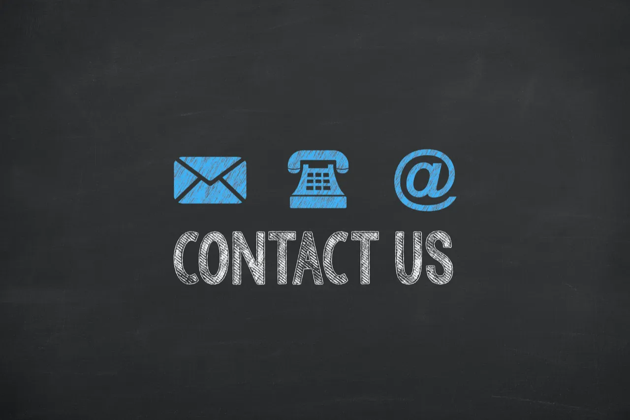 Contact Us typed below email, phone and social media icons