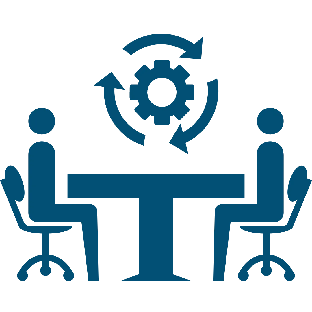 Icon of two people sitting at a table, facing each other in an office setting. Above them is a gear surrounded by arrows, symbolizing collaboration, negotiation, or workflow processes.