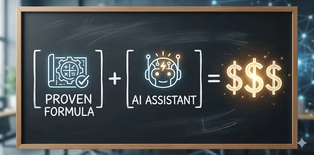 An equation on a chalkboard showing that a proven formula plus an AI assistant creates profitable sales copy AI.