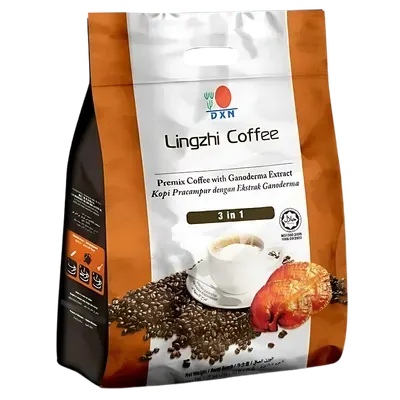 Taza de café cremoso Lingzhi 3 en 1 de DXN, la bebida saludable icónica de la marca.
