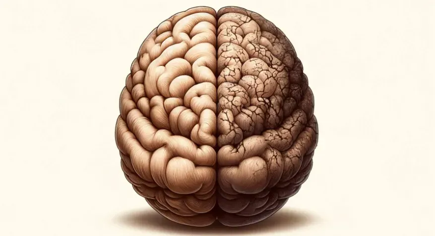 A digital illustration showing a brain divided into a good side and a bad side, rendered with a detailed and muted color.