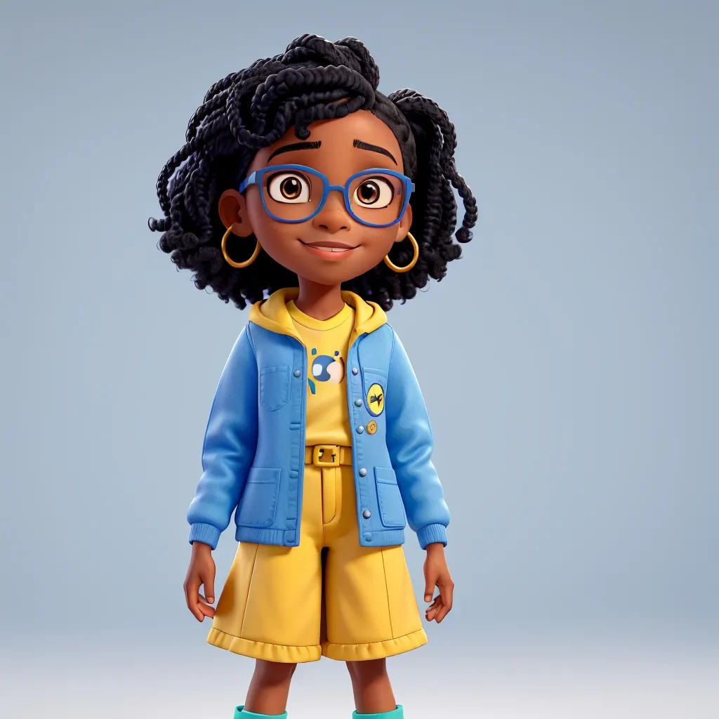 3D Pixar young Black girl with glasses and jeans jacket