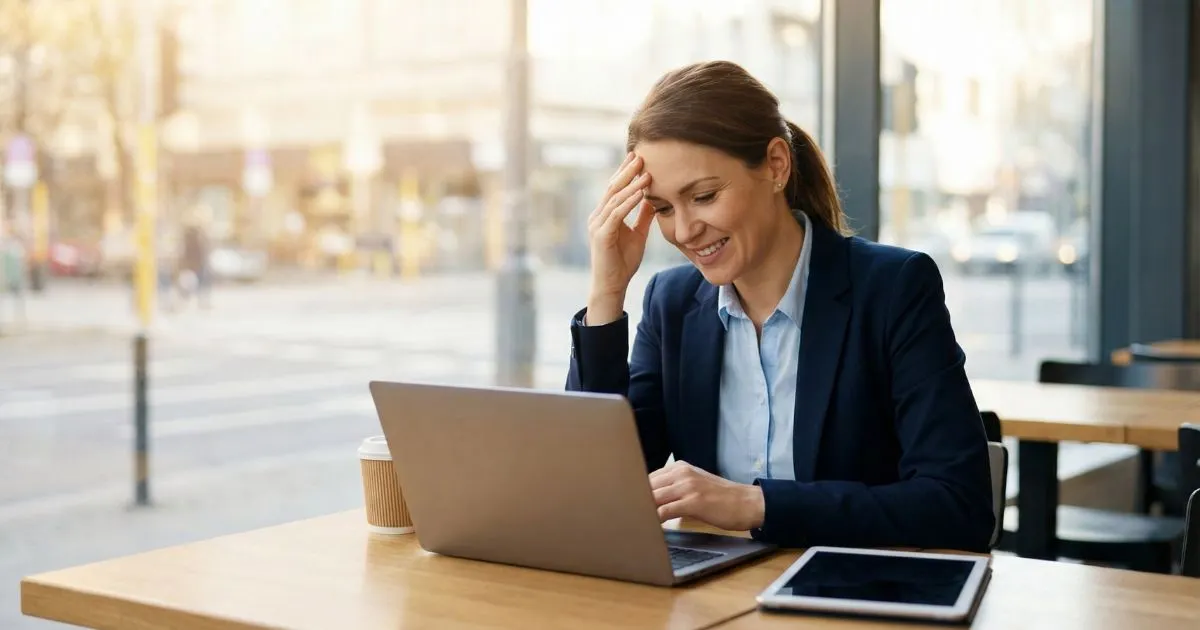 Real estate agent smiling while using AI tools on a laptop to write listings.