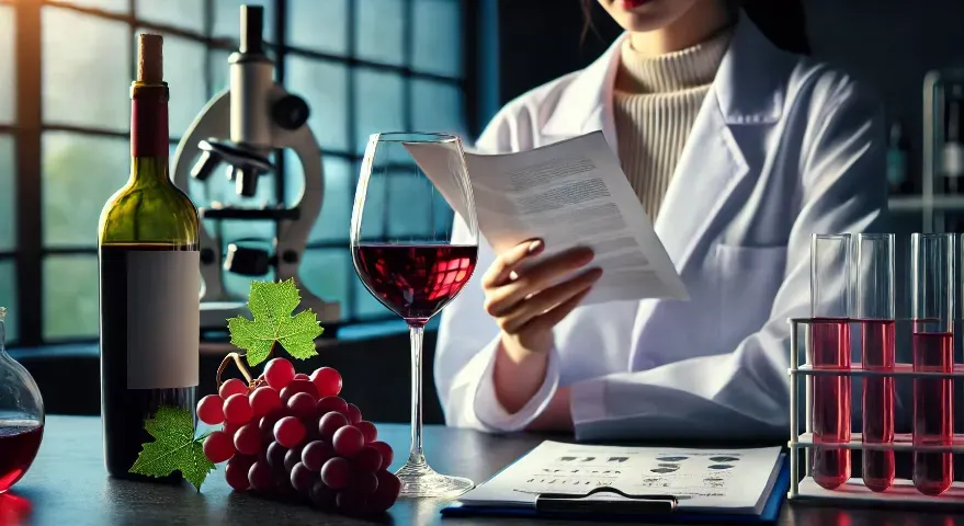 a close-up shot of a glass of red wine beside a cluster of red grapes, and a woman in a white scientific lab coat in the background holding a wine glass and reading scientific papers in a lab-like setting.