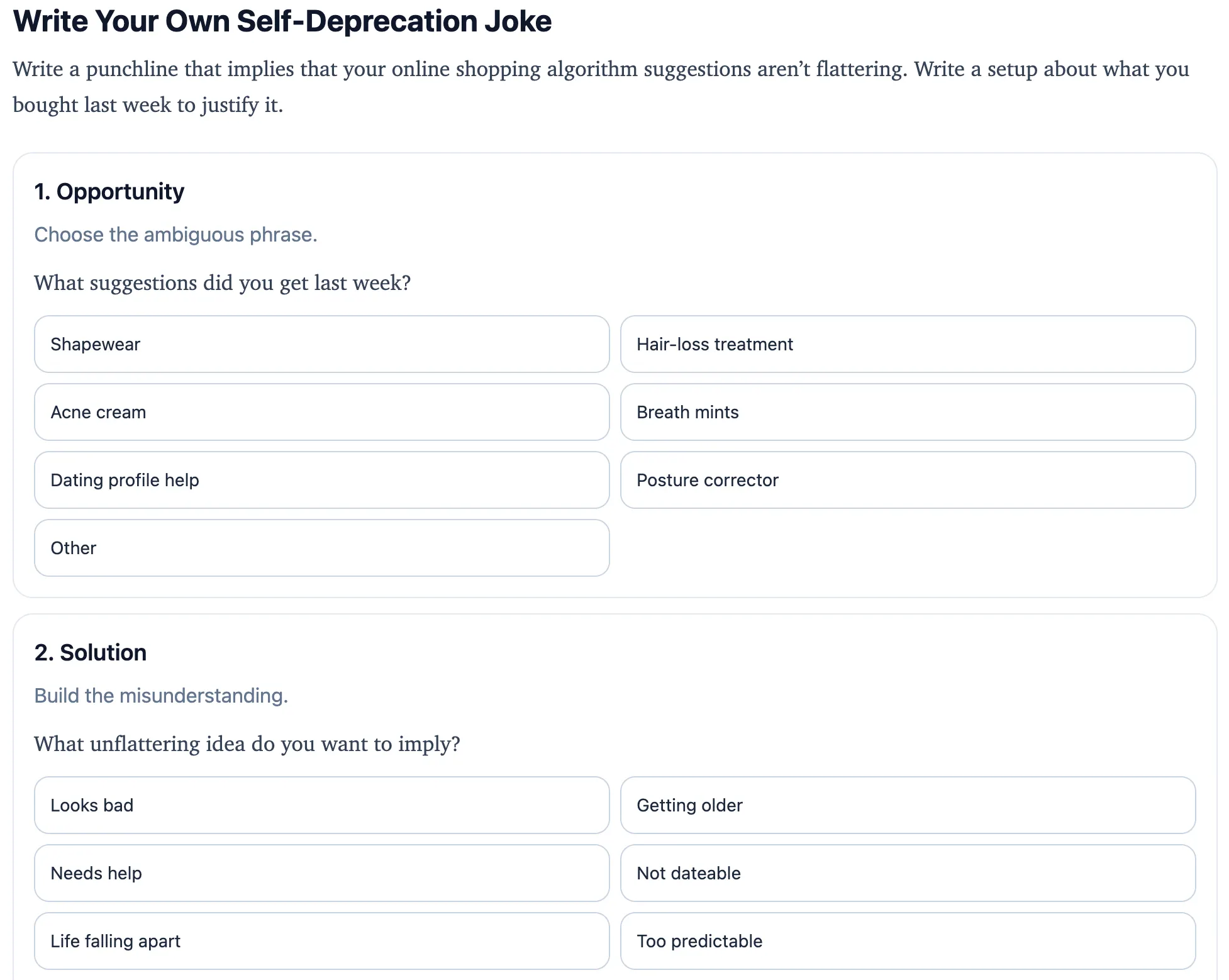 Interactive Comedy Writing App (Writing Self-Deprecating Jokes)