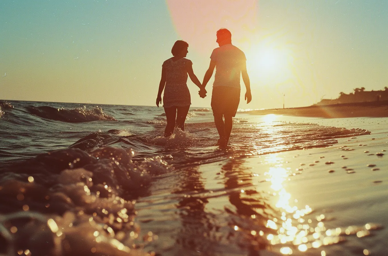 middle-aged coupe enjoying walking on beach as part of a heathy vibeset lifestyle