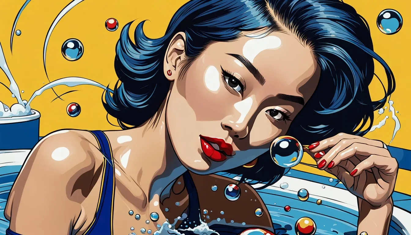 Pop art image of close up sexy Asian woman in a bath 