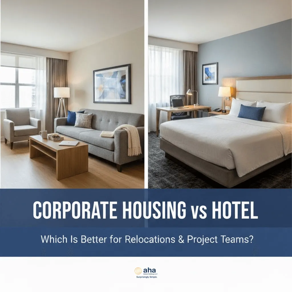<alt=“Side-by-side comparison of corporate housing apartment and hotel room illustrating corporate housing vs hotel options for employee relocations and project teams.”>