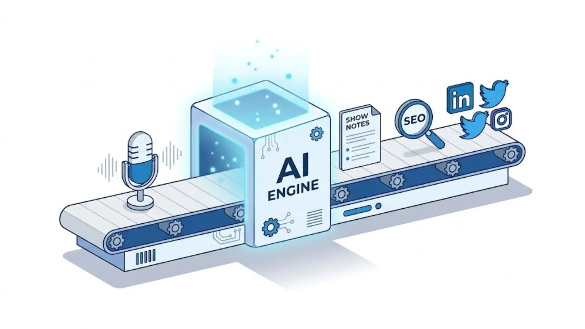 Diagram showing podcast audio converting into social media content via AI.