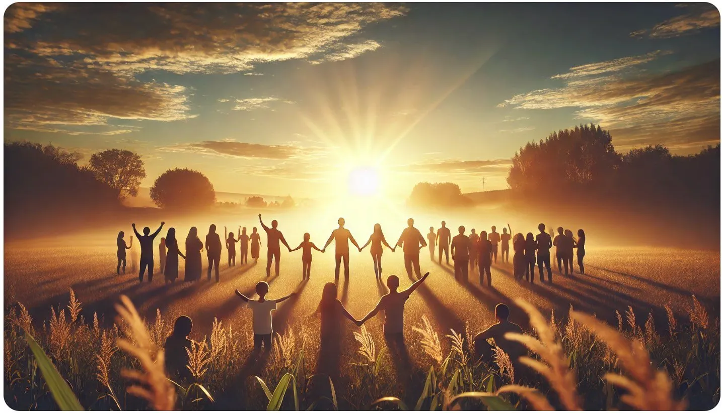 A group of diverse people standing together in a field at sunrise, with golden light illuminating the scene, symbolizing unity, collaboration, and a hopeful future.