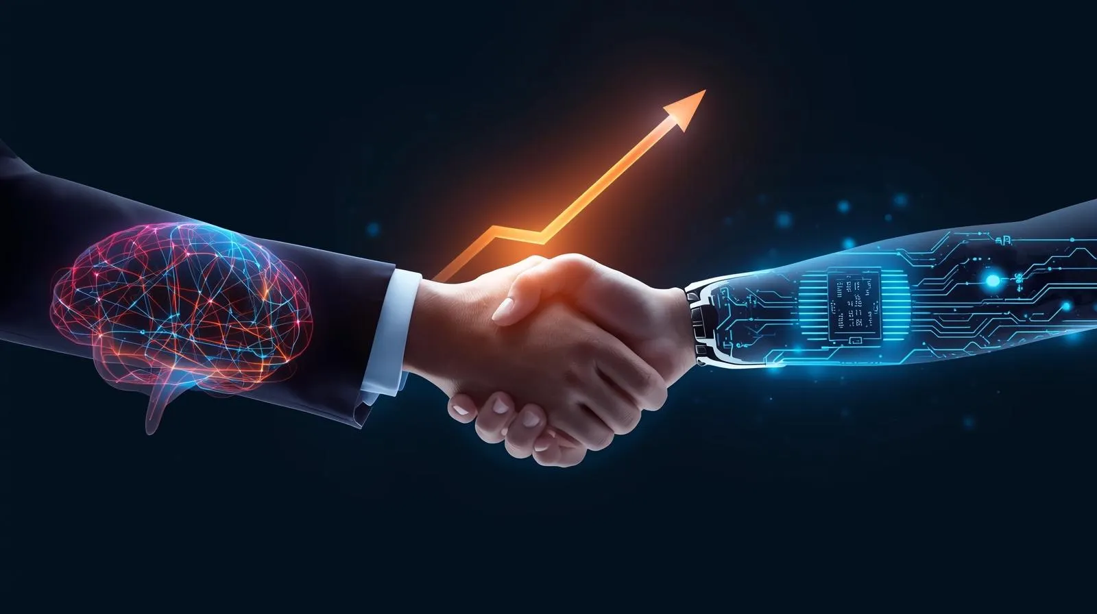 A graphic of a human hand and a robot hand shaking, symbolizing the winning formula of human strategy and AI execution in an AI marketing strategy.