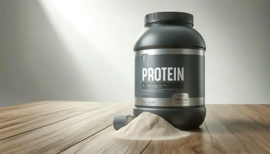 Big container of protein powder and a pile of powder next to it.