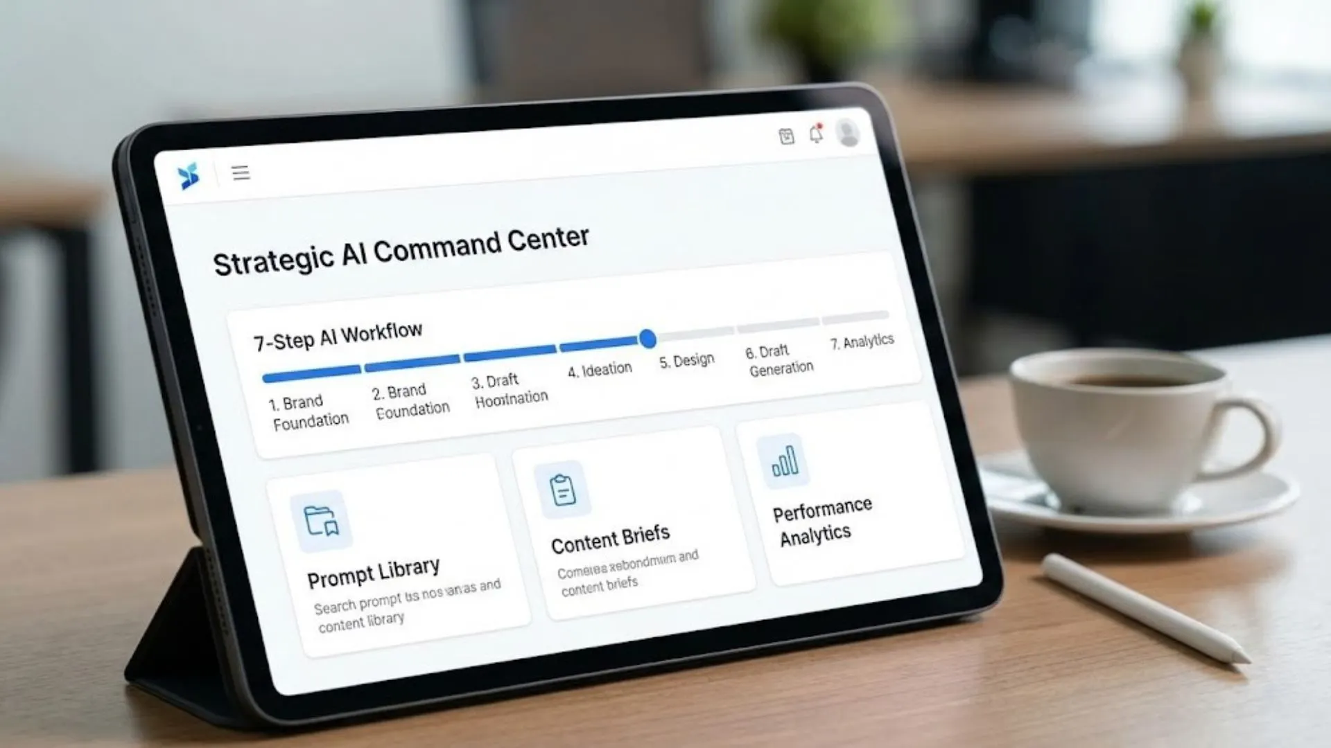 A 7-step AI content creation workflow dashboard displayed on a tablet screen.