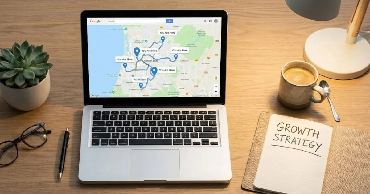Laptop displaying local SEO map results on a modern office desk.