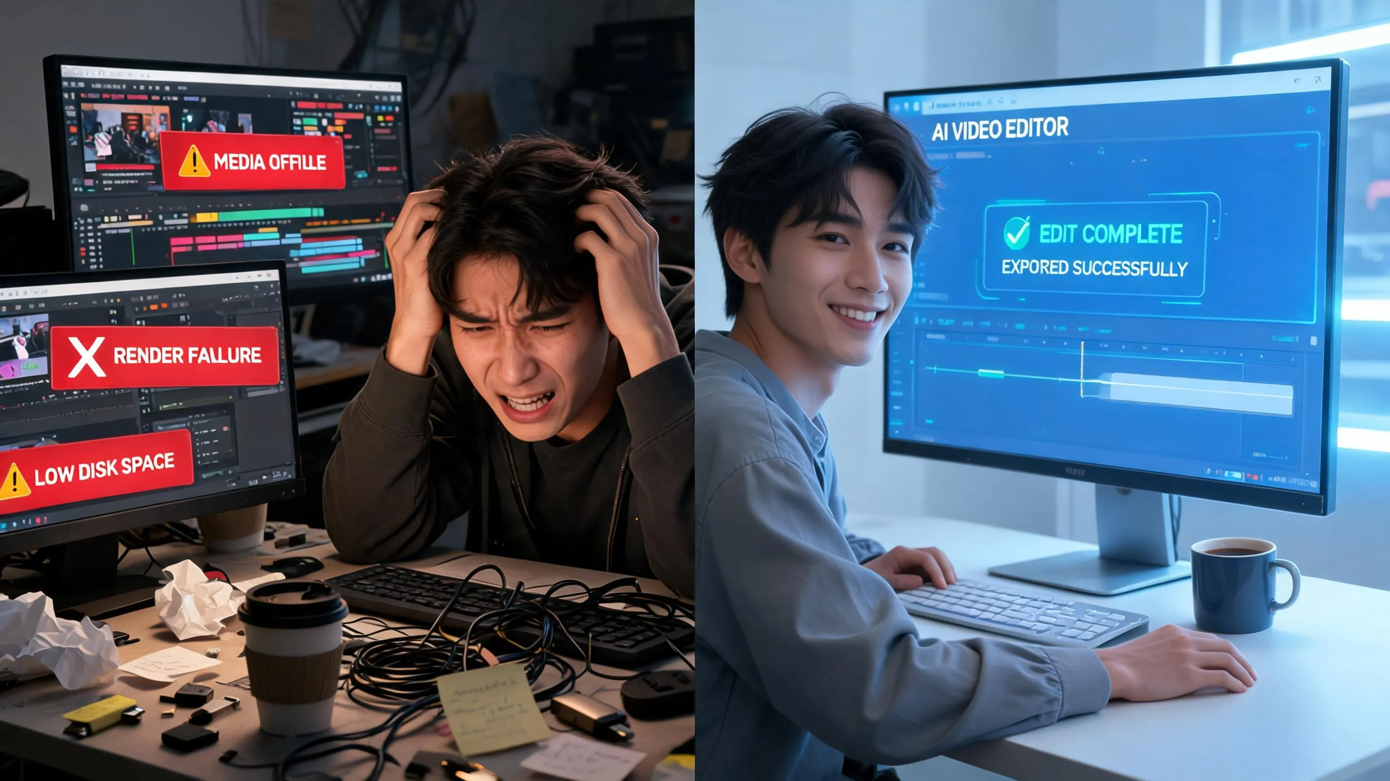 Content creator overwhelmed by chaotic video editing timeline transforms into a calm, efficient AI-powered video creation workflow showing fast editing in under 5 minutes