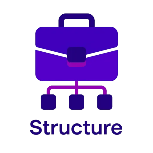 <alt=“Structure icon representing marketing department hierarchy with purple briefcase and team flowchart.”>