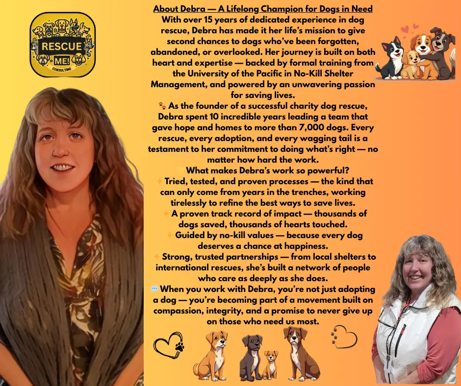 Informational poster featuring Debra Henkelman’s background in dog rescue, highlighting 15+ years of experience, over 7,000 dogs saved, formal training in no-kill shelter management, and her commitment to compassion and second chances. Includes images of Debra with dogs and illustrated dog icons. Ask ChatGPT