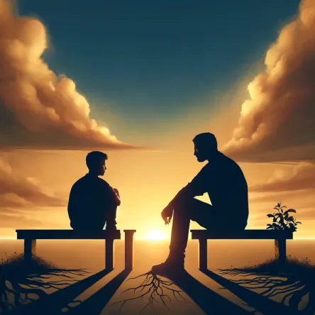 A powerful, emotional digital painting of a father and son embracing under a soft sunrise, symbolizing healing, generational connection, and the quiet return to trust