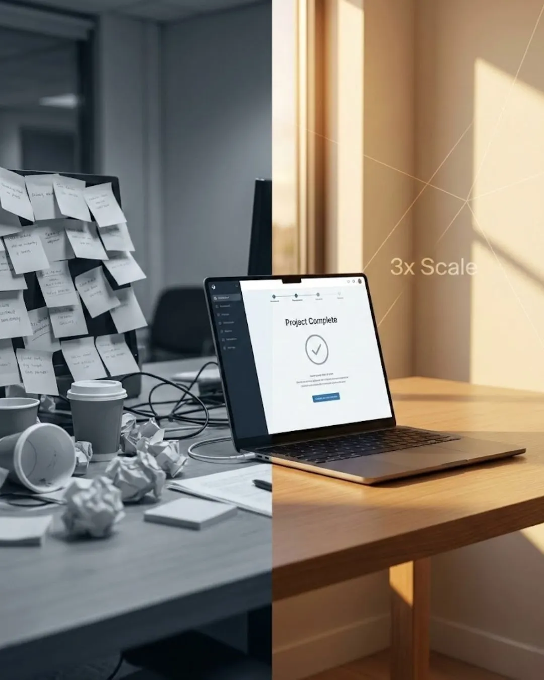 Split screen comparing a chaotic messy desk with a clean efficient workspace representing AI productivity.