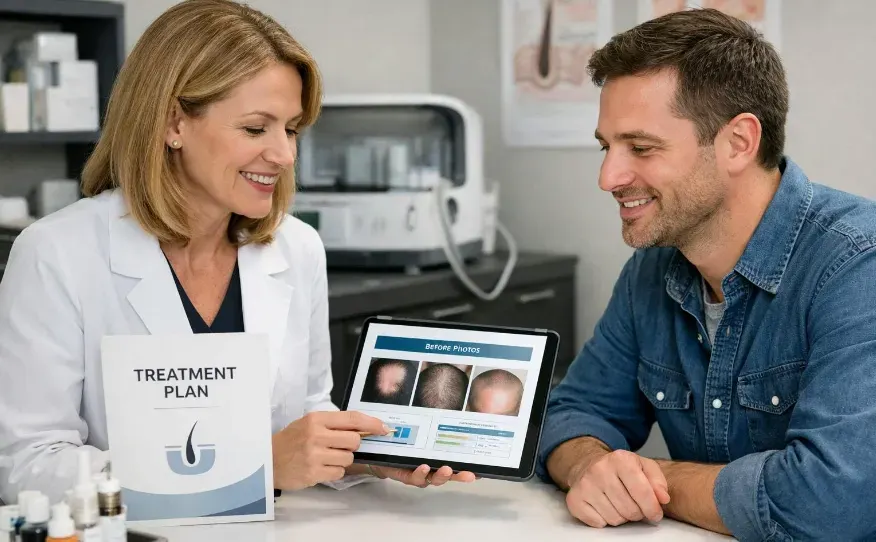 Consultation scene in a modern dermatology clinic: clinician showing scalp photos and a treatment plan booklet