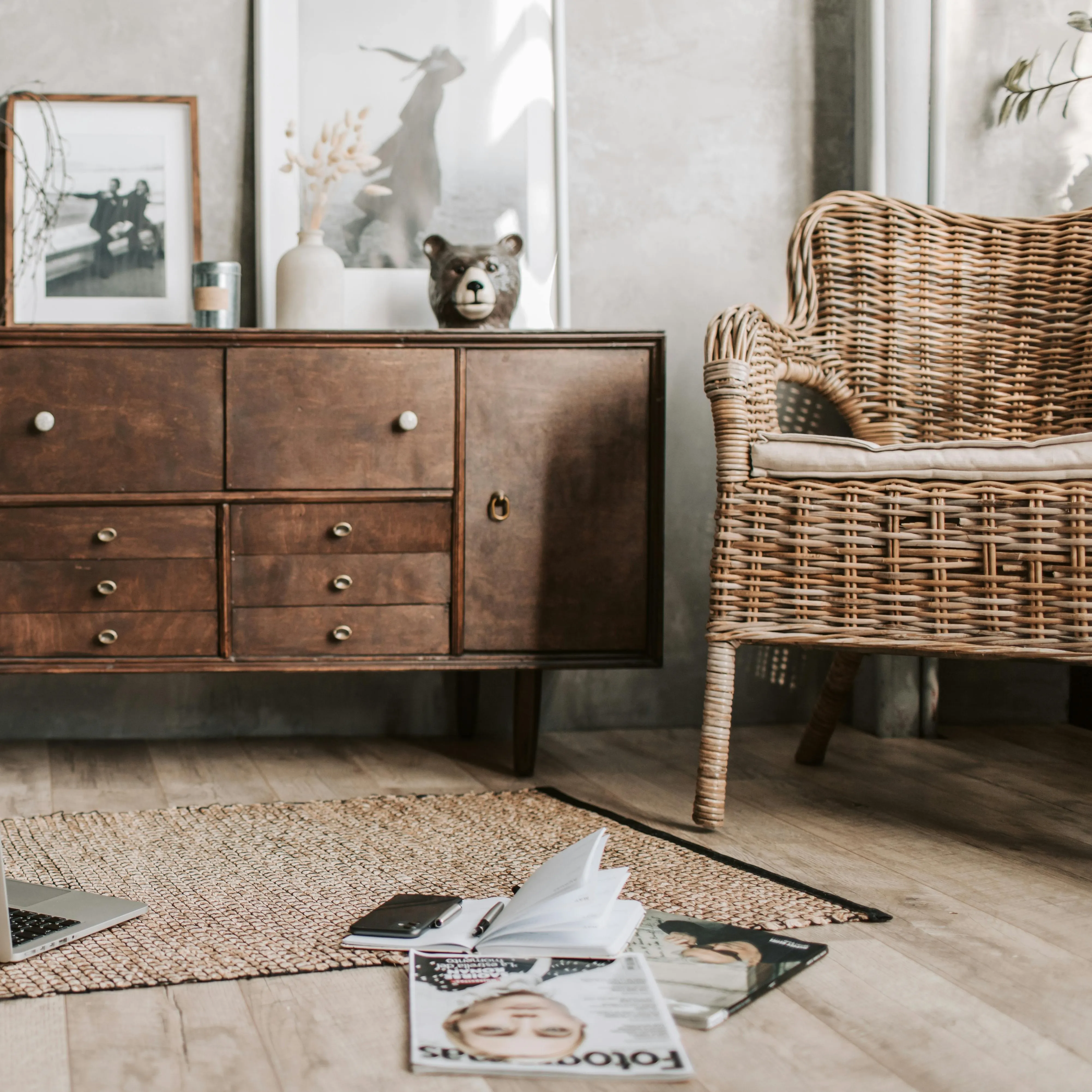 Vintage consol unit with a wicker chair