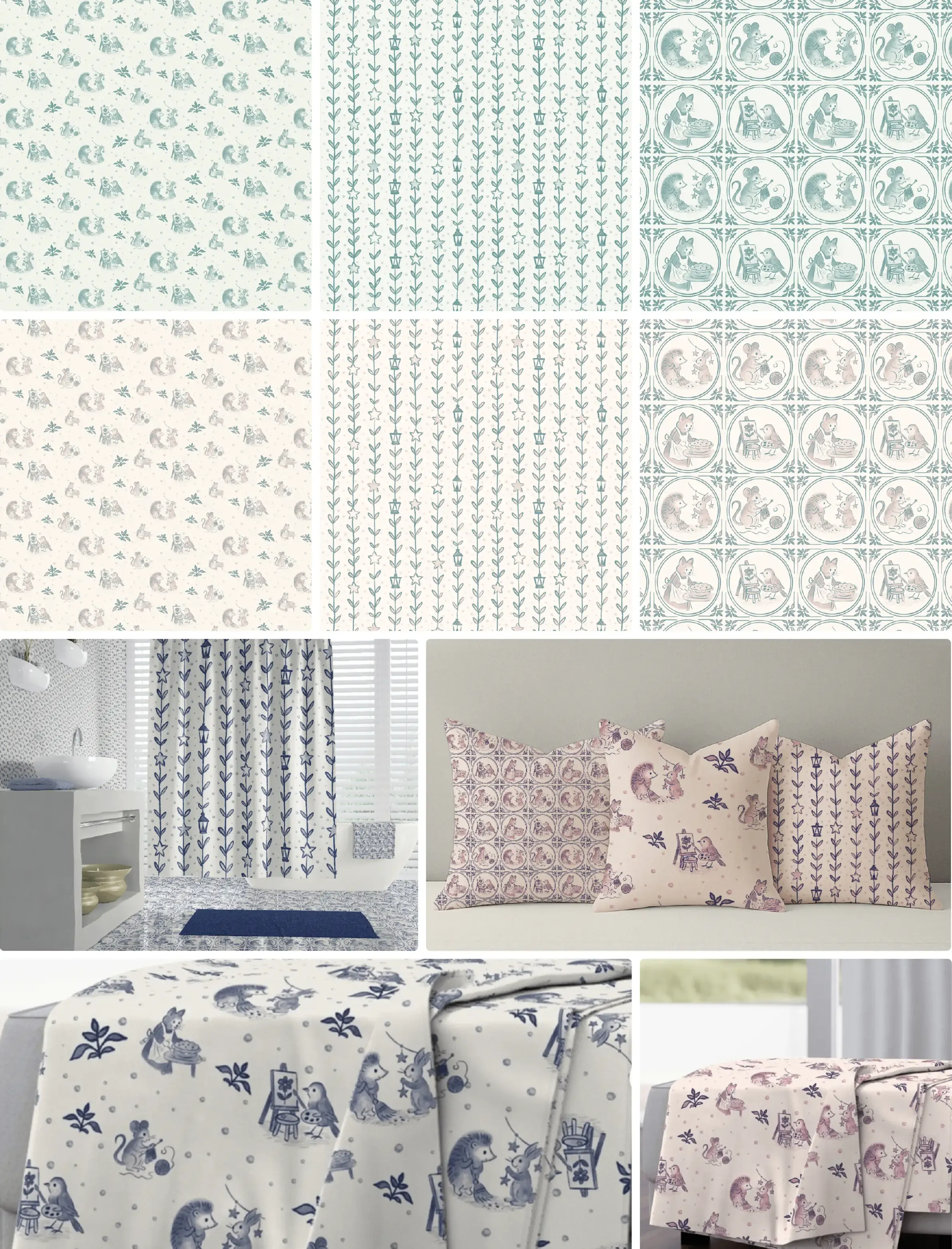 Storybook Critters surface pattern collection featuring whimsical animals and vintage blue and white coordinating prints