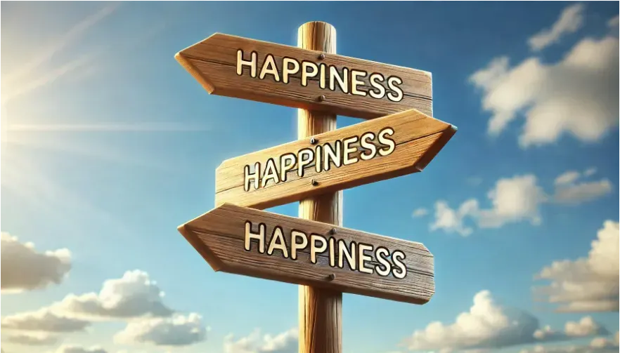 A wooden signpost with three arrows pointing in different directions, each labeled 'Happiness,' set against a bright, clear sky with clouds.
