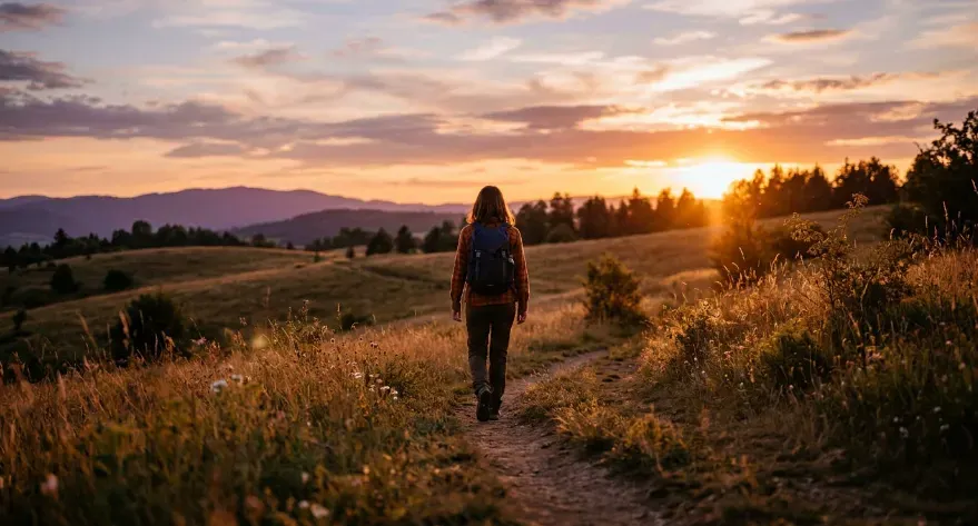Individual walking outdoors in nature during sunset
