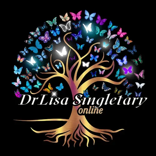 A glowing logo for 'Dr. Lisa Singletary Online' featuring a tree with golden roots and branches, where numerous colorful butterflies in shades of blue, purple, pink, and yellow are flying around the branches. The butterflies represent growth and transformation. The text 'Dr. Lisa Singletary' is written in elegant white font, with 'online' in a smaller gold font, all set against a black background.