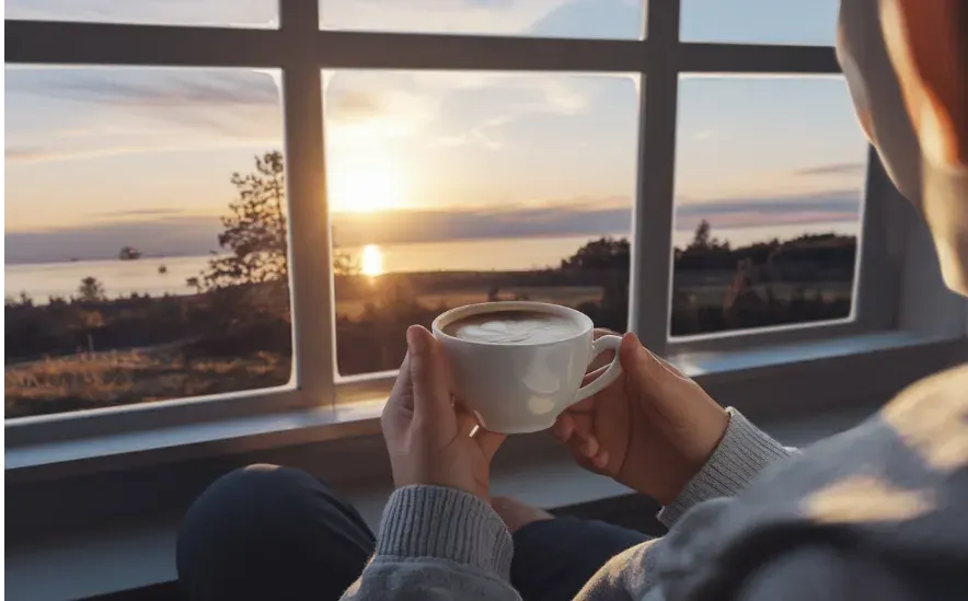 Person enjoying morning coffee by the window at different times of the day.