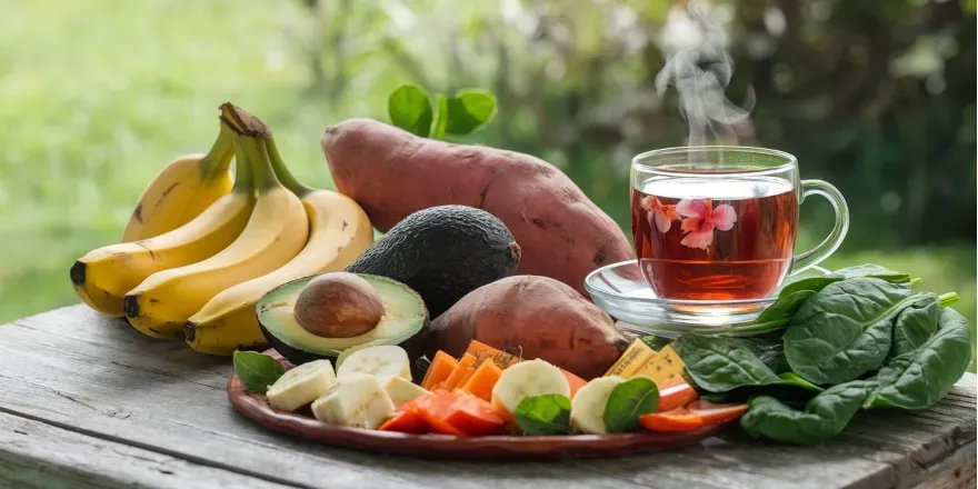 A vibrant and colorful spread of potassium-rich foods, such as bananas, avocados, sweet potatoes, spinach, and a steaming cup of hibiscus tea, displayed on a rustic wooden table. The style should be bright and appetizing, emphasizing health and wellness.