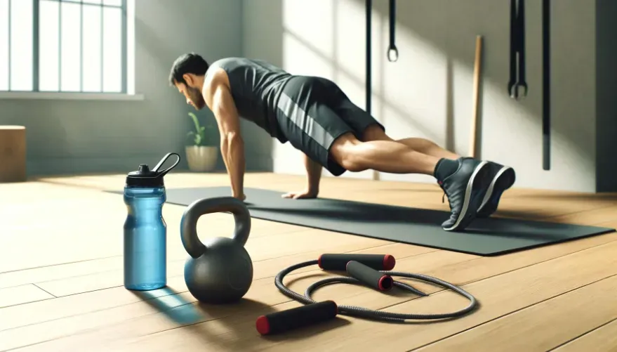 A man doing pushups on a yoga mat with a jump rope, kettle bell, and water bottle right near him.