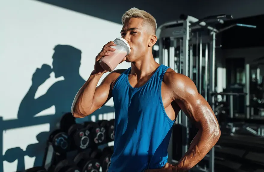 Person drinking a protein shake post-exercise in gym.