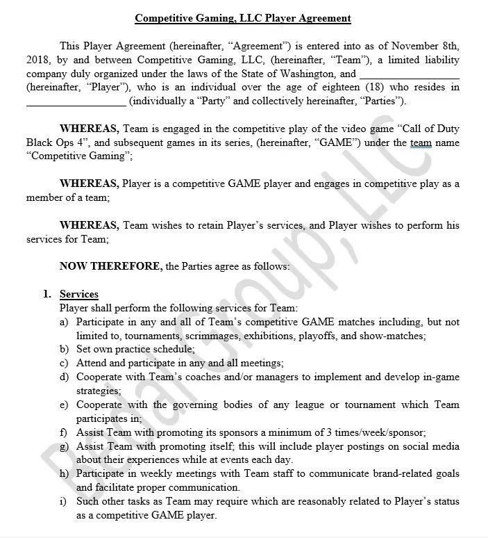 Competitive Gaming Agreement Example