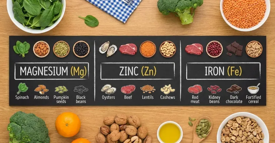 Educational visual showing an array of food rich in magnesium, zInc, and iron.