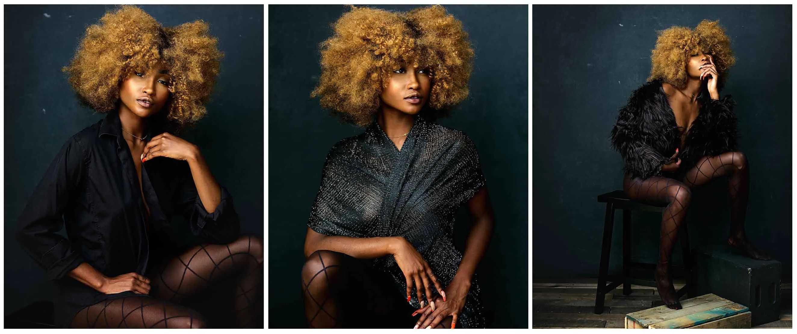 Acting portrait collage of dark skinned woman with a blonde afro wearing dark clothing