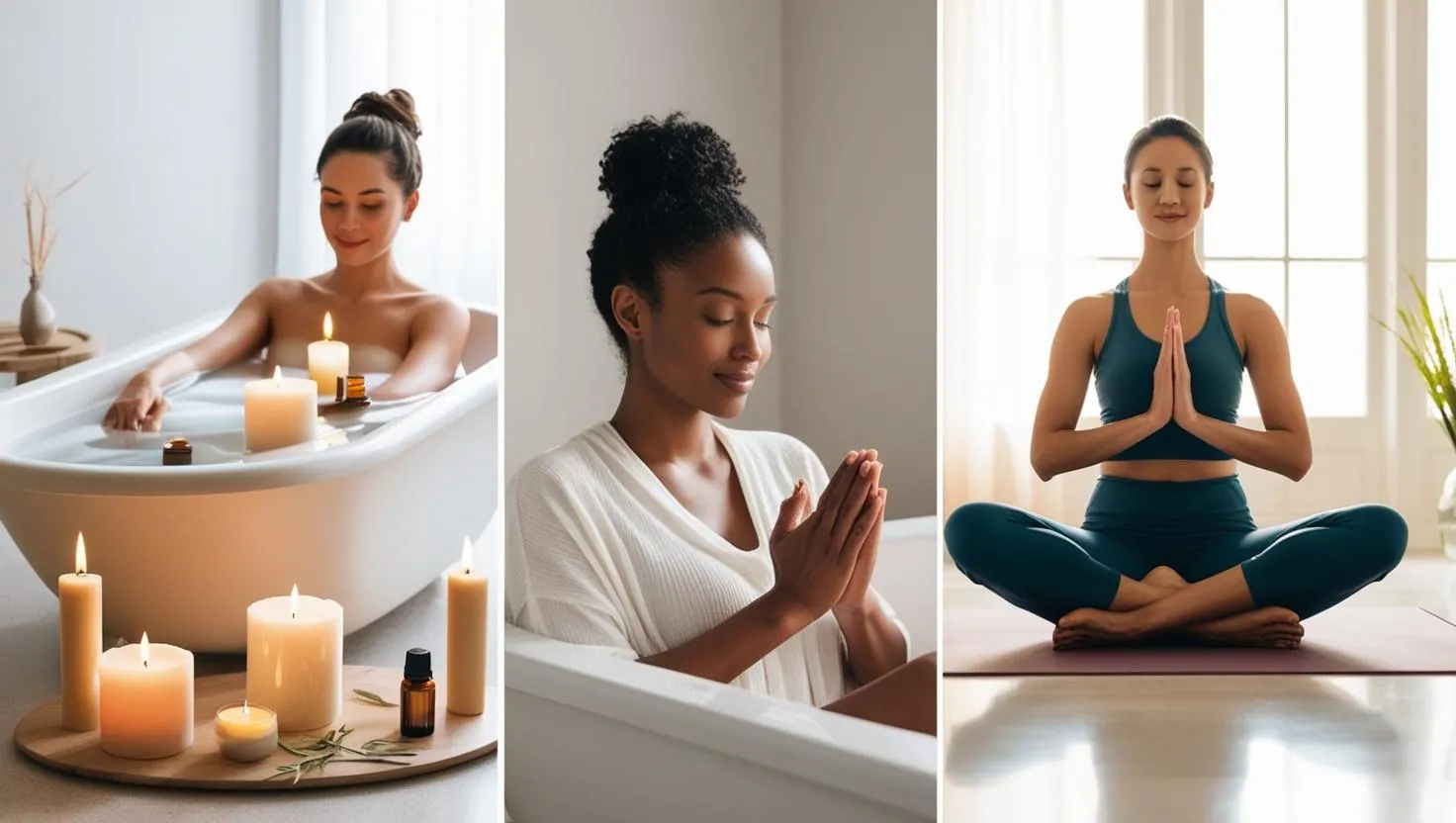 3 Ladies representing holistic healing through self-care, meditation, and exercise.